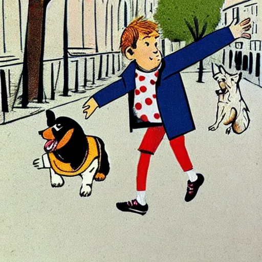 Image similar to book illustration of a french boy on the streets of paris playing football against a corgi, the dog is wearing a polka dot scarf, 1 9 6 6