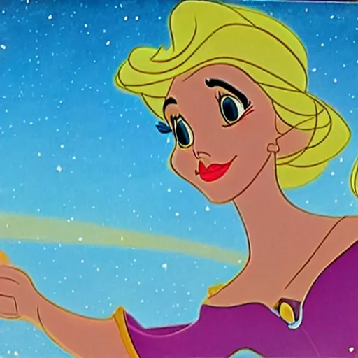 Image similar to disney film cel ( 1 9 5 9 ), hispanic princess looking up dreamily at the stars, glen keane, colorful