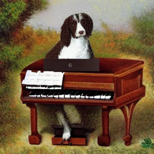 Prompt: a brown and white sprocker Spaniel playing a grand piano, pointillism, fine art