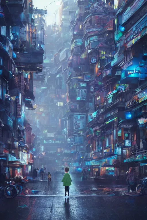 Image similar to a portrait of a small person in the middle foreground walking in the street of a great green and blue mechanical city by Greg Rutkowski, Sung Choi, Mitchell Mohrhauser, Maciej Kuciara, Johnson Ting, Maxim Verehin, Peter Konig, final fantasy , mythical, 8k photorealistic, cinematic lighting, HD, high details, atmospheric,