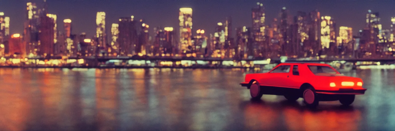 Image similar to 8 0 s neon movie still, portrait of a single car by the river with city in background, medium format color photography, blurred background, movie directed by kar wai wong, hyperrealistic, photorealistic, high definition, highly detailed, tehnicolor, anamorphic lens