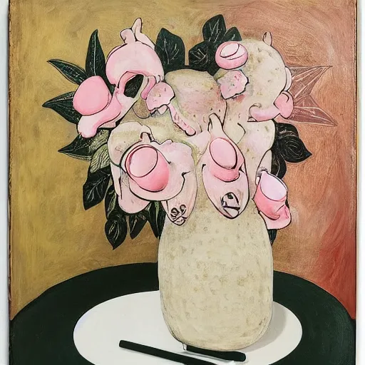 Image similar to “a portrait in an art student’s apartment, feminine pigs as flowers in an elaborate dramatic flower arrangement, pork, ikebana white flowers, white wax, squashed berries, acrylic and spray paint and oilstick on canvas, by munch and Dali”