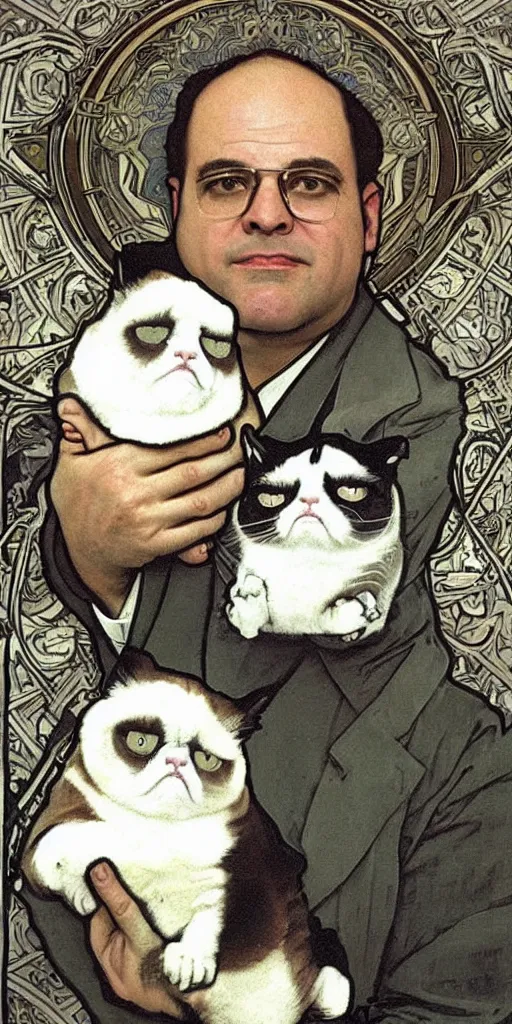 Prompt: “ george costanza from seinfeld holding grumpy cat, halo, art nouveau, extremely detailed, by alphonse mucha ”