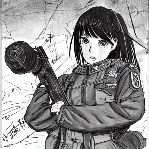 Prompt: manga style, gpen line art, portrait of a girl under artillery fire, trench sandbags in background, soldier clothing, short hair, hair down, symmetrical facial features, from marvel comic, detailed drawing, trending on artstation, by professional mangaka masashi kishimoto and naoki urasaw