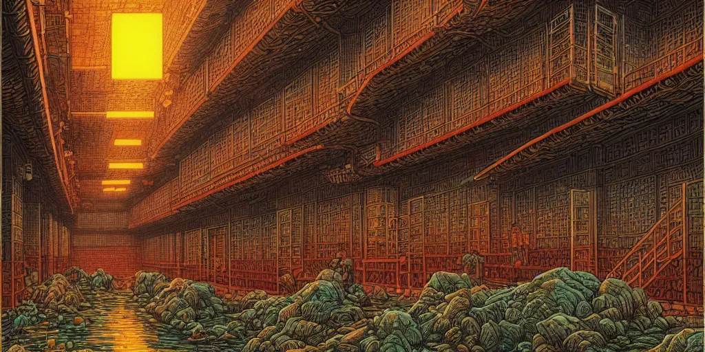 Image similar to artwork of a chinese prison by dan mumford and toshi yoshida and peter doig, vintage scifi, highly detailed, dramatic lighting, 8 k