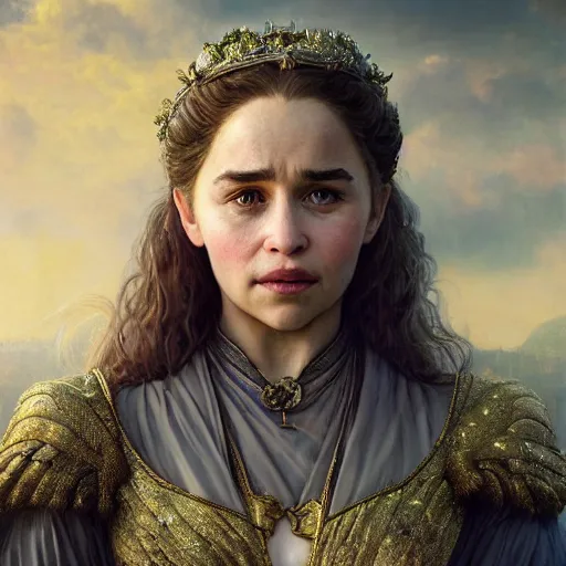 Image similar to a very detailed Magic portrait painting of Emilia Clarke, a very detailed fantasy city background, a very detailed dramatic sky, light particles, environment drawn by Donato Giancola and Tom Bagshaw, Edmund Leighton, character design by Alphonse Mucha, 4k, volumetric lighting, komorebi, award winning, octane render, hyperrealistic