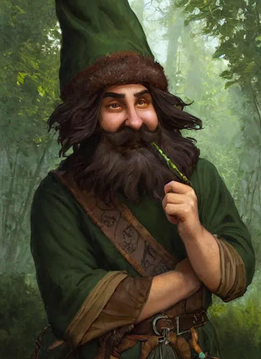 Prompt: medium-length portrait of a male gnome druid with short curly hair and brown eyes, long beard, dark brown skin, happy expression, wears a combination of dark green tunic and boiled leather, medieval setting, highly detailed, digital painting, artstation, concept art, sharp focus, illustration, art by greg rutkowski and alphonse mucha