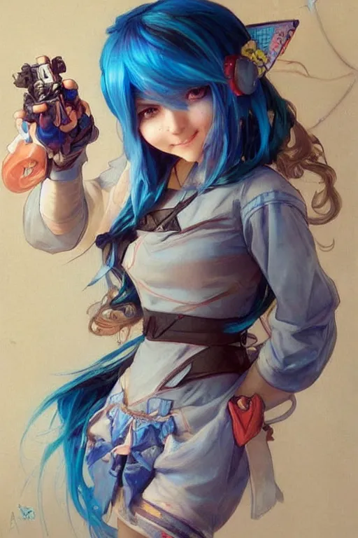 Image similar to a little gamergirl with a laughing face and short!! light colorful blue hair. she is dressed as gamergirl in her room, painting, beautiful detailed face. by artgerm and greg rutkowski and alphonse mucha