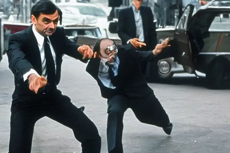 Image similar to mr bean from 1 9 9 0 s as james bond in an action scene fighting a villain, professional photography, 8 k, cinematic