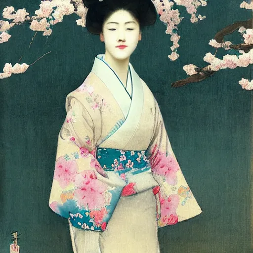 Image similar to A beautiful conceptual art of a young woman in a traditional kimono, with a background of sakura blossoms. by Giuseppe de Nittis rigorous, balmy