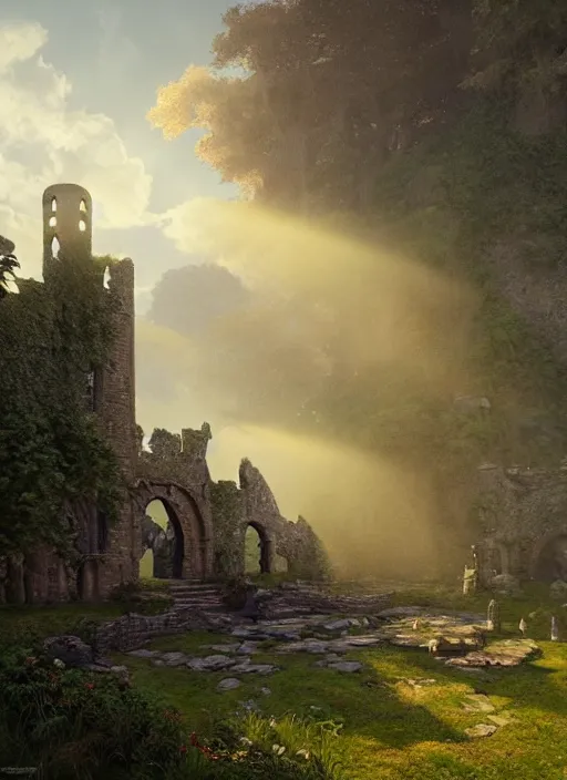 Image similar to beautiful medieval castle ruins, mist, sunrays, dust in the air, dnd character, unreal engine, octane render, dramatic lighting, pond, digital art, by stanley artgerm lau, greg rutkowski, thomas kindkade, alphonse mucha, loish, norman rockwell,