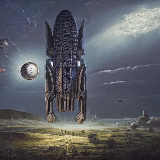 Prompt: biblical painting of hr giger artlilery spaceship lands in a country landscape, filigree ornaments, volumetric lights, simon stalenhag