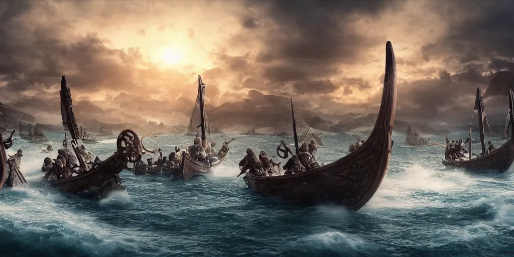 Image similar to An Epic viking sea battle, realistic 4k octane beautifully detailed render, 4k post-processing, highly detailed, intricate complexity, epic composition, magical atmosphere, cinematic lighting, masterpiece, ultra hd