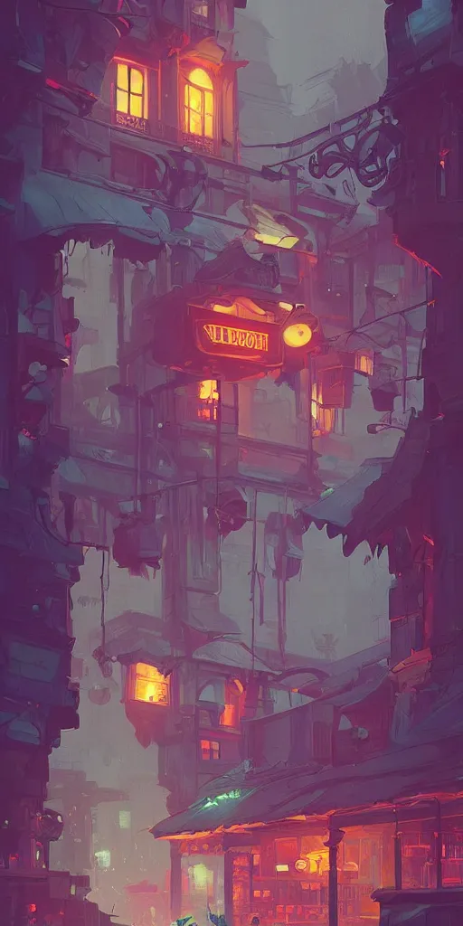 Image similar to a lush wooden, old Victorian windowsill with plants on it, outside is a cityscape with neon signs, detailed digital concept art by anton fadeev, John Howe, and marc simonetti, trending on artstation