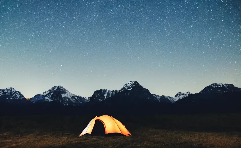 Image similar to night photography of a tent with mountains in the background