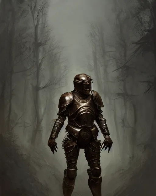 Image similar to Hyper realistic painting of an empty suit of rusty medieval full plate armour, dark fantasy, fantasy armor, hyper detailed, by greg rutkowski, surrounded by dark fog, trending on artstation