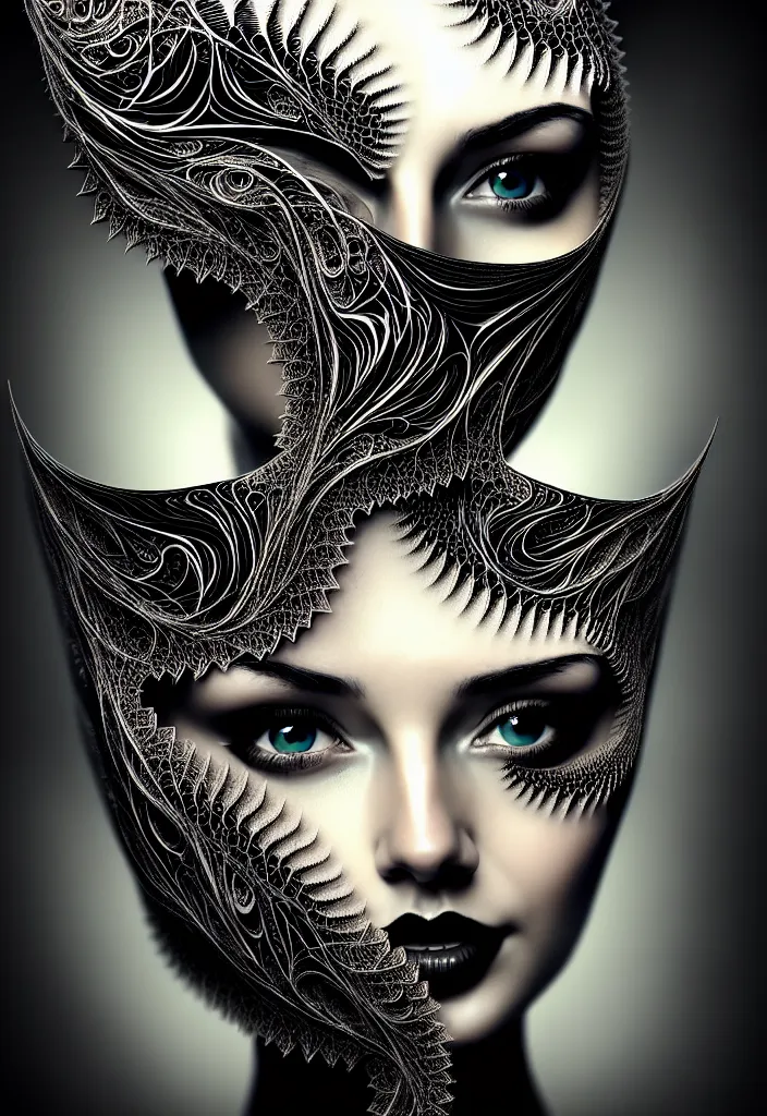 Prompt: young beautiful woman with a partially face covering mask. fractal, mandelbulb, scribble art. black and white, black on black. intricate, elegant, super highly detailed, professional digital painting, smooth, 8k, 3D, beautiful, cinematic. art deco, art nouveau.