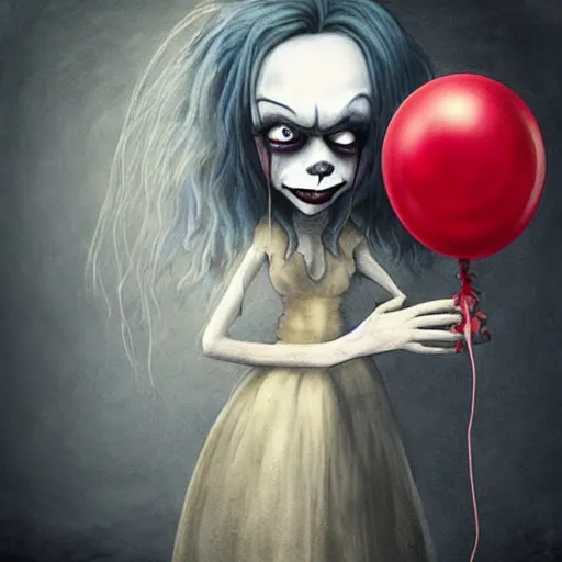 Prompt: grunge painting of a billie eilish with a wide smile and a red balloon by tim burton, loony toons style, pennywise style, corpse bride style, rick and morty style, creepy lighting, horror theme, detailed, elegant, intricate, conceptual, volumetric light