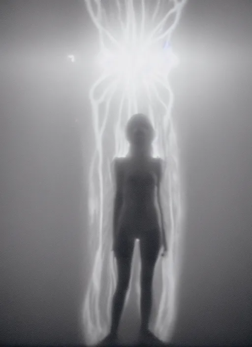 Image similar to a symmetrical female astral projection, liquid glowing aura, out of body experience, multiverse, film grain, cinematic lighting, experimental film, shot on 1 6 mm