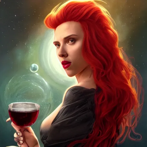 Image similar to a highly detailed matte portrait of scarlett johansson as a red haired vampire sorceress, drinking wine, standing in a space station and looking at jupiter, viewed in profile from far away, crackling green lightning, ultrawide lens, art by artgerm and greg rutkowski and alphonse mucha, volumetric lighting, octane render, 4 k resolution, trending on artstation, masterpiece