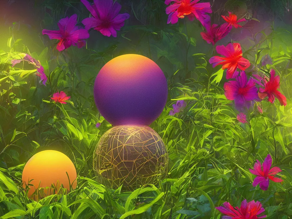 Image similar to sunlight study, kauai wildflower undergrowth within the orb, art nouveau, by rachel ruysch and martin johnson heade and ( ( ( ( ( lisa frank ) ) ) ) ), 8 k, sharp focus, octane render