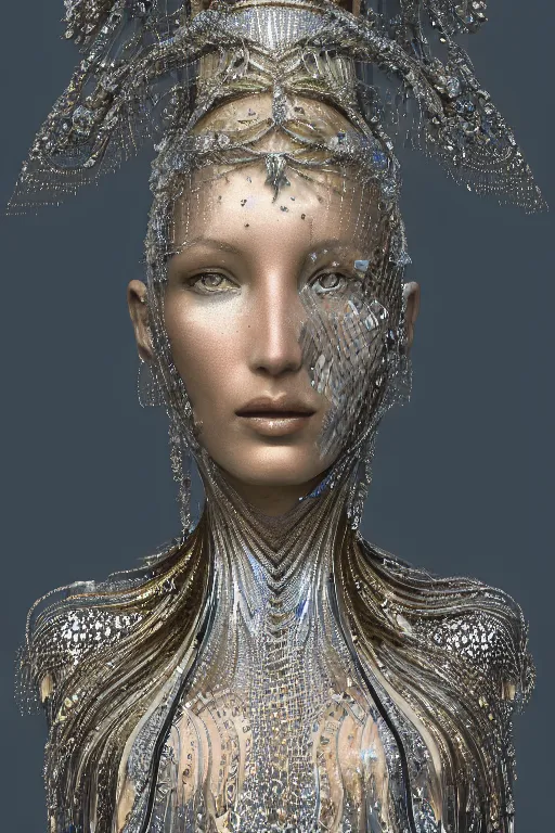 Image similar to a portrait of a beautiful ancient alien woman goddess bella hadid deity standing in iris van herpen dress in diamonds and fractals in style of alphonse mucha art nuvo dmt trending on artstation made in unreal engine 4