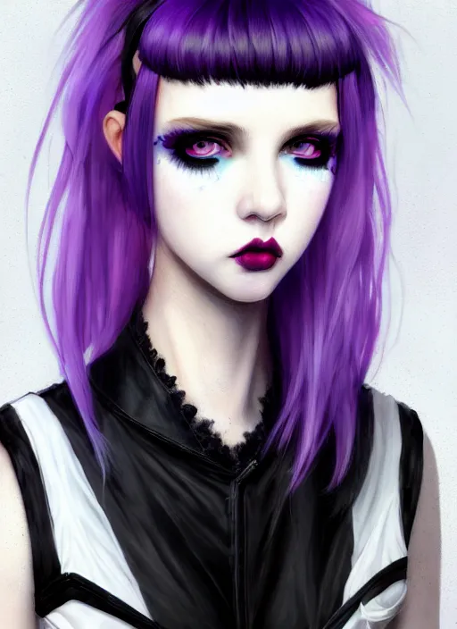 Image similar to portrait of white teenage girl, normal face, black bangs, mall goth, cyberlox, black hair with white bangs, black and white hair, bangs, fluffy bangs, red contacts, purple lipstick, intricate, elegant, highly detailed, digital painting, artstation, concept art, sharp focus, smooth, illustration, art by wlop, mars ravelo and greg rutkowski