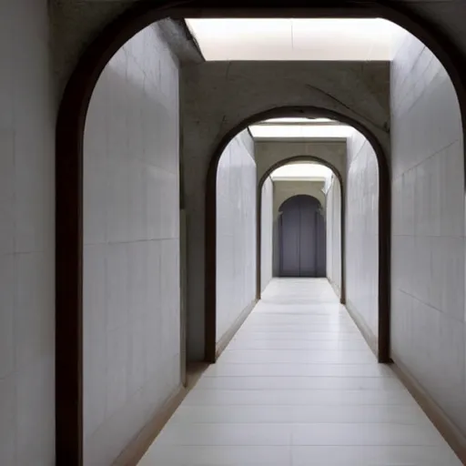 Image similar to photo of a vast interior space of irregular rooms and corridors. ceramic white tiles on all the walls.