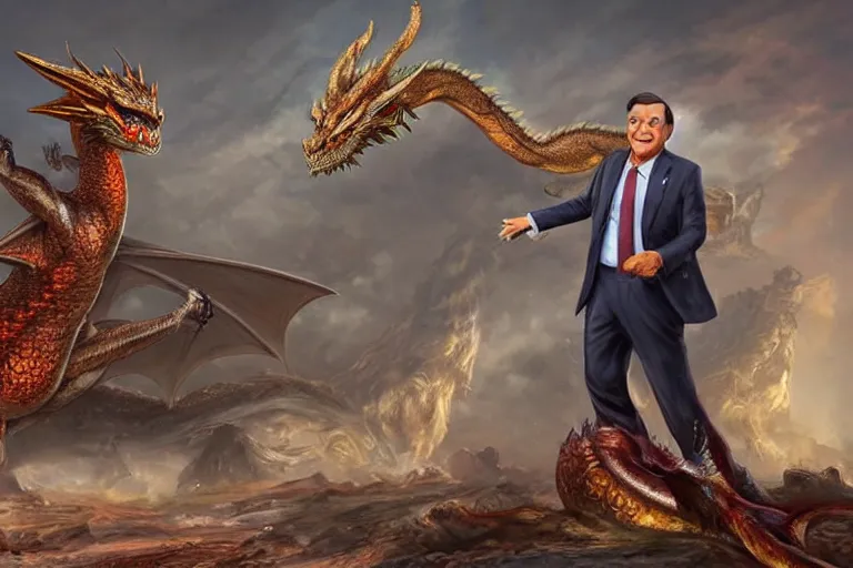 Image similar to Mario Draghi on a dragon fantasy art realistic incredible