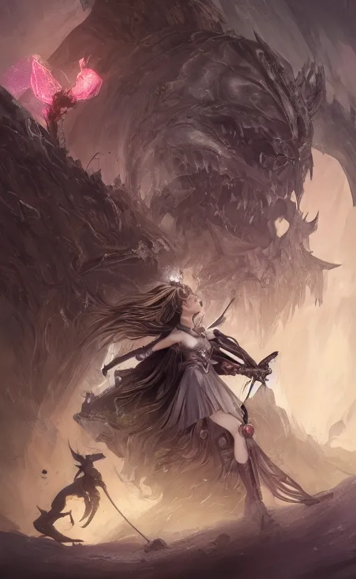 Prompt: side portait of magical girl fighting a monster, inside castle of cards, magic effects, symmetrical face features, front game card, drark, marvel comics, dark, intricate, highly detailed, smooth, artstation, digital illustration by ruan jia and mandy jurgens and artgerm and wayne barlowe and greg rutkowski and zdislav beksinski