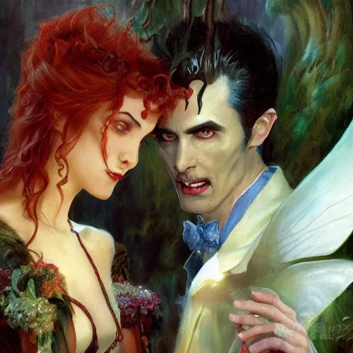 Image similar to attractive male fairy of the forest confesses his love to attractive male dracula the vampire. highly detailed painting by gaston bussiere, craig mullins, j. c. leyendecker 8 k