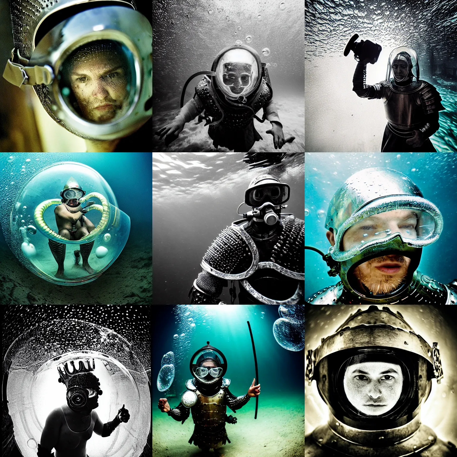 Prompt: Underwater photo of a brave person in medieval armor by Trent Parke, staring at a camera through a visor, close up, huge bubbles, metallic patterns, clean, detailed