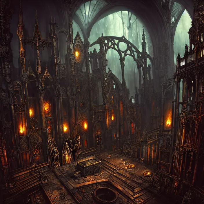 Image similar to steam necropolis, memento mori, gothic, neo - gothic, art nouveau, hyperdetailed copper patina medieval icon, stefan morrell, philippe druillet, ralph mcquarrie, concept art, steampunk, unreal engine, detailed intricate environment, octane render, moody atmospherics, volumetric lighting, ultrasharp, ominous, otherworldly