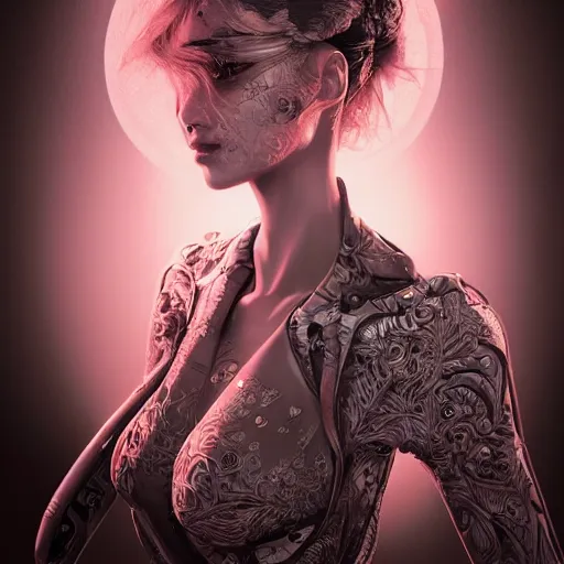 Image similar to the portrait of an absurdly beautiful, graceful, elegant, sophisticated, fashionable cyberpunk gravure idol, an ultrafine hyperdetailed illustration by kim jung gi, irakli nadar, hong june hyung, intricate linework, bright colors, porcelain skin, unreal engine 5 highly rendered, global illumination, radiant light, detailed and intricate environment