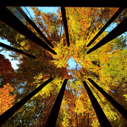 Prompt: looking out through a ceiling high glass window over a lush forest in autumn, golden hour, high quality 4 k photo