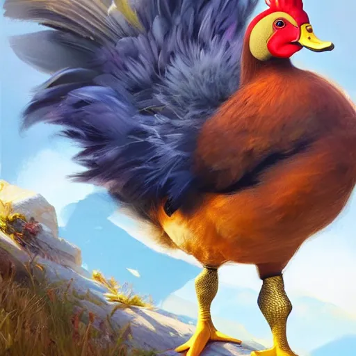 Image similar to epic cinematic hyperrealism masterpiece where a duck with a rapper rooster crest appears with headphones. realistic poster with shaded lighting by craig mallismo, artgerm, jeremy lipkin and michael garmash, unreal engine, radiant light, detailed and complex environment, digital art, art station trends