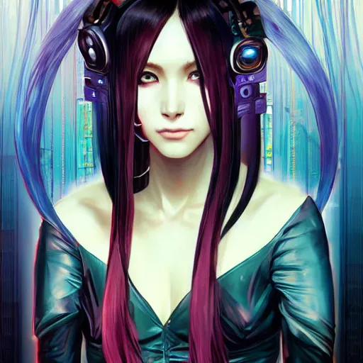 Image similar to a beautiful portrait of hatsune miku with long black and deep red colored hair and one purple colored cyberpunk eye, dressed a netrunner from shadowrun, intricate, elegant, highly detailed, digital painting, artstation, concept art, matte, sharp focus, illustration, art by greg rutkowski and alphonse mucha