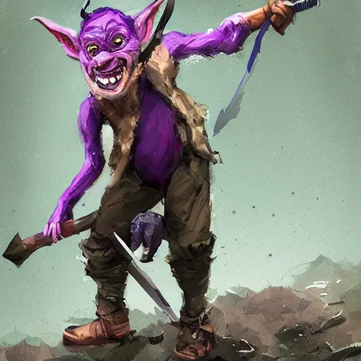 Image similar to male goblin youth adventurer with purple skin, by Ismail Inceoglu, wearing leather adventuring clothes, shabby, short, kid, bald, wielding knife, happy grin, character portrait closeup, digital art, dungeons and dragon, character