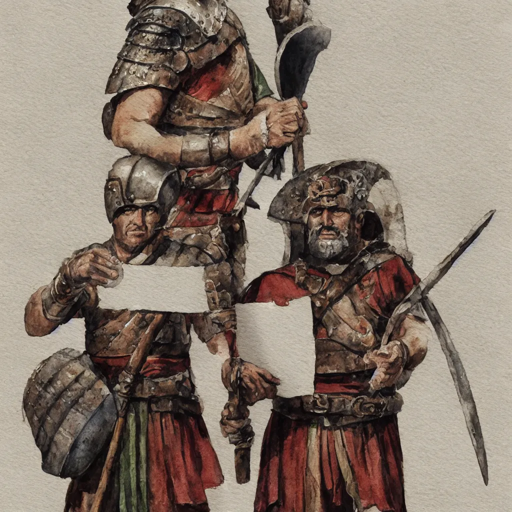 Prompt: a roman legionnaire holding a letter, watercolor, concept art, white background