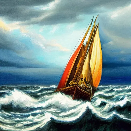 Image similar to wooden boat with sails in stormy sea with dart weider, oil painting, 4 k