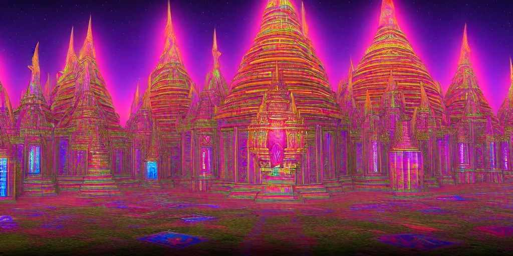 Image similar to dmt temple, sacred geometric buildings housing dmt time elves, psychedelic architecture, soul frequency, 8 k resolution, highly detailed,