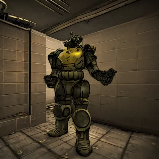 Image similar to fallout enclave fighter in power armor with a minigun in his hands stands next to the entrance to the fallout shelter, fallout 2 stylization, pseudo 3 d isometry, pixel, post - apocalypse,