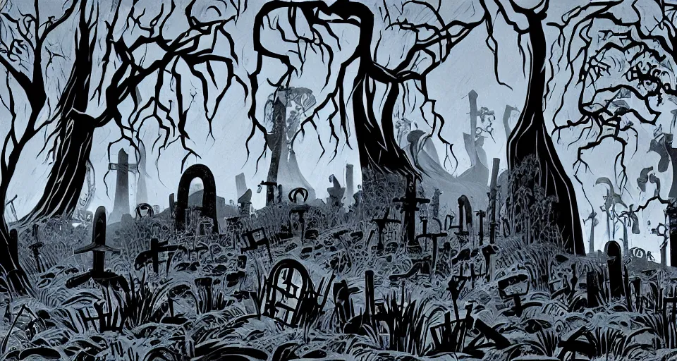 Prompt: Scene in a creepy graveyard from Samurai Jack by Genndy Tartakovsky and Eyvind Earle