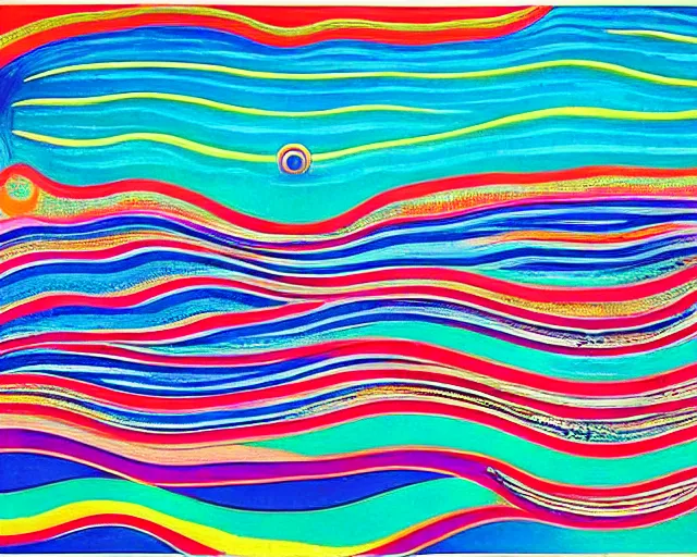 Image similar to Ocean waves in a psychedelic dream world. Edvard Munch. David Hockney. Takashi Murakami. Minimalist.