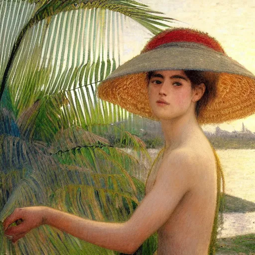 Image similar to a ultradetailed beautiful painting of a girl in the amazonas palace designed by jules bastien - lepage, hans belmer, frank weston and gustave baumann, beach, trending on artstation, mediterranean, palm trees, light sparkles, sharp focus, soft light, 8 k 4 k