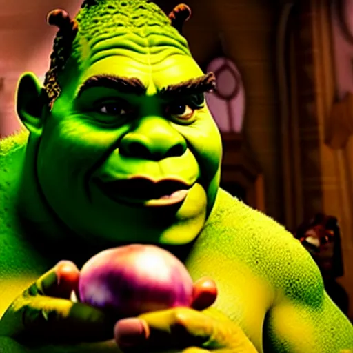 Image similar to a dramatic cinematic shot of shrek eating an onion, 8 k, ultra - realistic