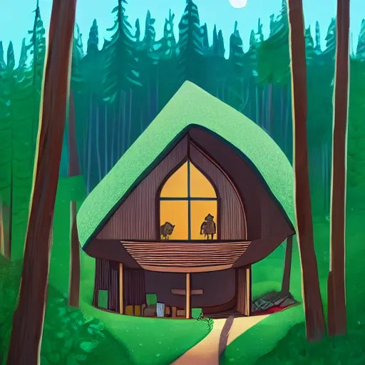 Image similar to a house with many round holes in the middle of a lush canadian forest, childrens book art, trending on artstation + illustration, cinematic