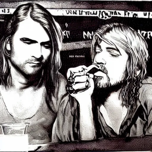 Image similar to a close - up stunning fantasy scene of kurt cobain drinking at a bar with layne staley | highly detailed | very intricate