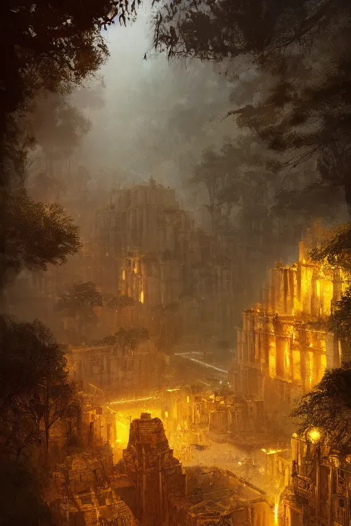 Image similar to old aztec city of gold in the middle of the forest, intricate, elegant, volumetric lighting, digital painting, highly detailed, artstation, sharp focus, illustration, concept art, ruan jia, steve mccurry