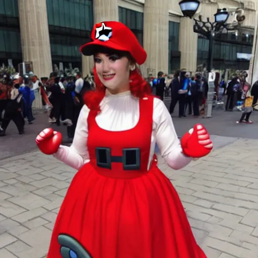 Image similar to a woman cosplaying nintendo mario in an opera gown
